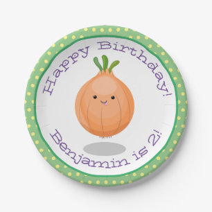 Cute happy brown onion cartoon illustratie papieren bordje