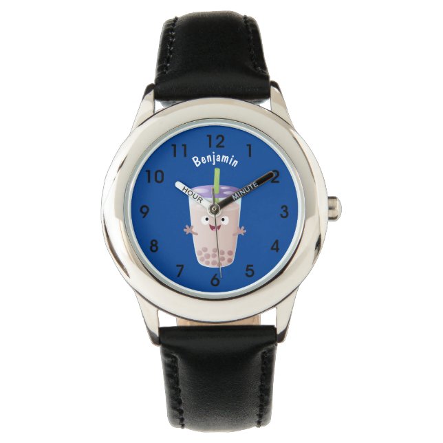 Cute happy bubble tea boba cartoon horloge (Voorkant)