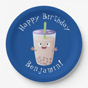 Cute happy bubble tea boba cartoon papieren bordje