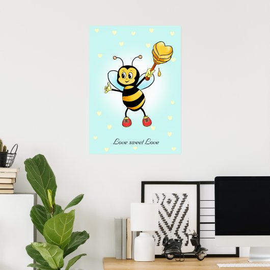 Cute Happy Bumble Bee & Honeycomb met hartpost Poster (Thuiskantoor)