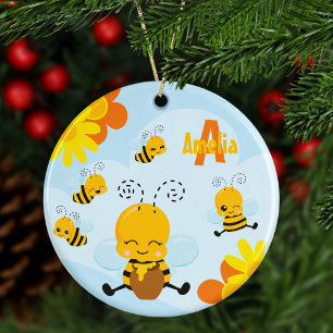 Cute Happy Bumble Bee met Flowers Kind Kerstmis Keramisch Ornament