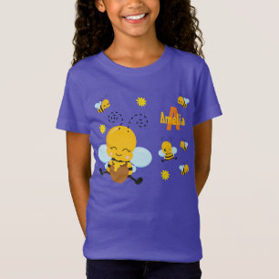 Cute Happy Bumble Bee met Flowers Paars T-shirt