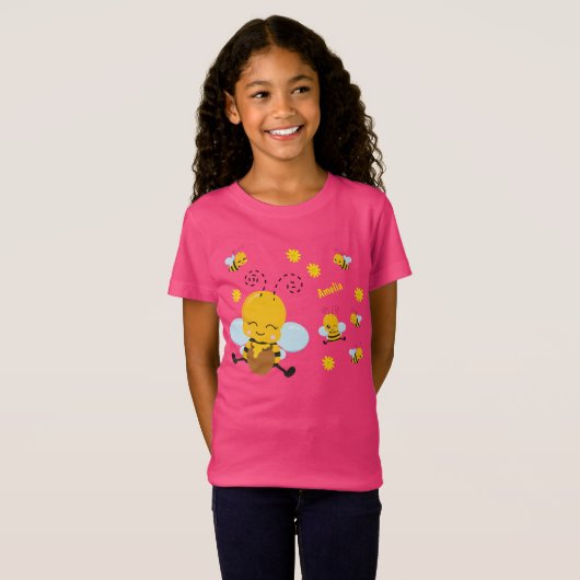 Cute Happy Bumble Bee met Flowers Roze T-shirt (Voorkant volledig)