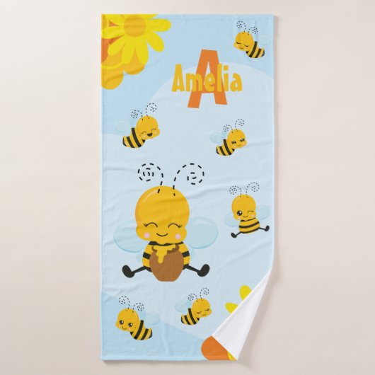 Cute Happy Bumble Bee with Flowers (Serviette de bain)