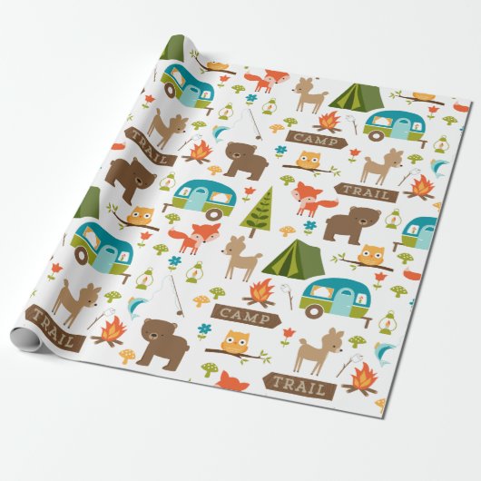 Cute Happy Campers Woodland Pattern Cadeaupapier (Uitgerold)