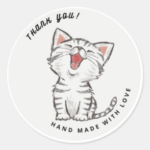 Cute Happy Cat Kitten Grey Dank je Ronde Sticker