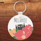 Cute Happy Cat Spring Flowers gepersonaliseerd Sleutelhanger (Voorkant)