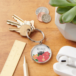 Cute Happy Cat Spring Flowers gepersonaliseerd Sleutelhanger