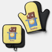 Cute happy chocola snoep bar cartoon ovenwant & pannenlap set (Voorkant / Achterkant)