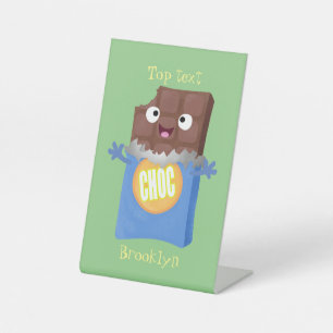 Cute happy chocola snoep bar cartoon reclamebord met voetstuk
