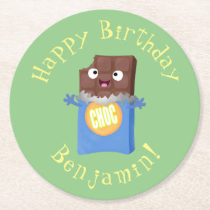 Cute happy chocola snoep bar cartoon ronde kartonnen onderzetter