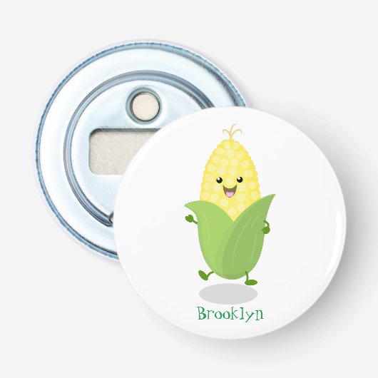 Cute happy corn cartoon illustratie button flesopener (Voorkant)
