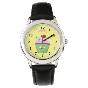 Cute happy cupcake cartoon-illustratie horloge