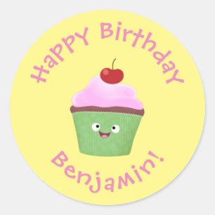 Cute happy cupcake cartoon-illustratie ronde sticker