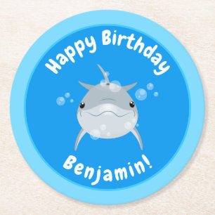 Cute happy dolphin bubbles cartoon illustratie ronde kartonnen onderzetter