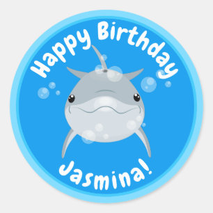 Cute happy dolphin bubbles cartoon illustratie ronde sticker