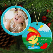 Cute Happy Duck in Rain met Rainbow Custom Photo Keramisch Ornament
