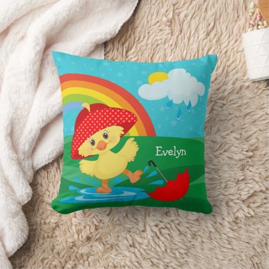 Cute Happy Duck in Rain met regenboog Kussen (Deken)