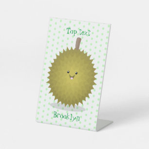 Cute happy durian cartoon illustratie reclamebord met voetstuk