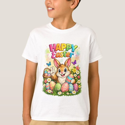 Cute Happy Easter Bunny Peace Sign Graphic T-Shirt (Devant)
