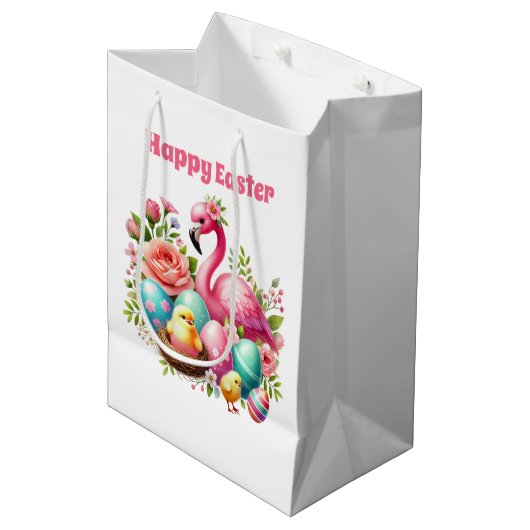Cute Happy Easter pink flamingo  Medium Cadeauzakje (Voorkant Gekanteld)