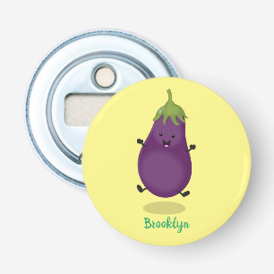 Cute happy eggplant cartoon button flesopener