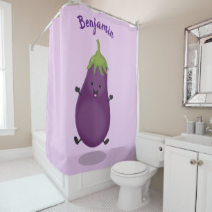 Cute happy eggplant cartoon douchegordijn