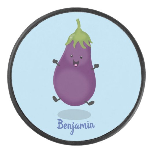 Cute happy eggplant cartoon hockey puck (Voorkant)