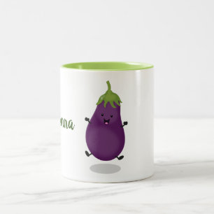 Cute happy eggplant cartoon illustratie tweekleurige koffiemok
