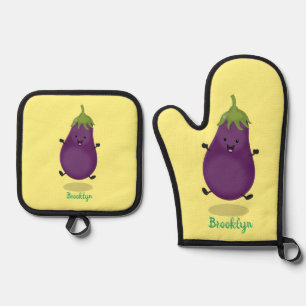 Cute happy eggplant cartoon ovenwant & pannenlap set