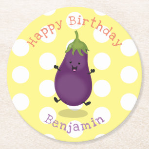 Cute happy eggplant cartoon ronde kartonnen onderzetter