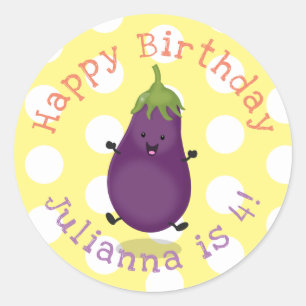 Cute happy eggplant cartoon ronde sticker