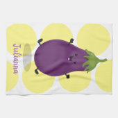 Cute happy eggplant cartoon theedoek (Horizontaal)