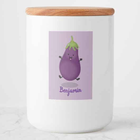 Cute happy eggplant cartoon voedselcontainer etiket (Voorkant)