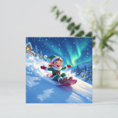 Cute Happy Elf Sledding | Personalized Christmas Feestdagenkaart (Staand voorkant)
