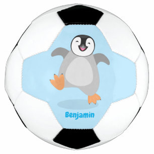 Cute happy emperor pinguin chick cartoon voetbal