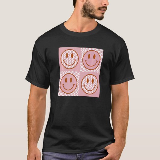 Cute Happy Face Checkered Pattern Pink Smile Face T-shirt (Voorkant)