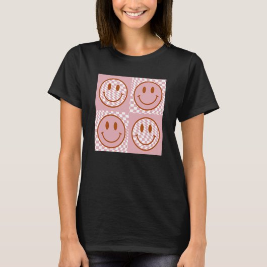 Cute Happy Face Checkered Pattern Pink Smile Face T-shirt (Voorkant)