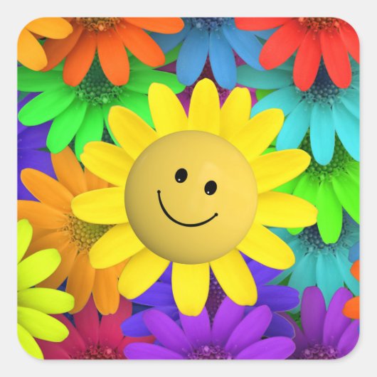 Cute Happy Face Flowers Vierkante Sticker (Voorkant)