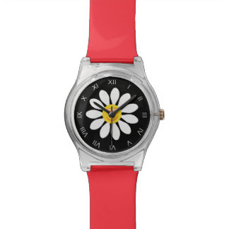 Cute Happy Face Girly White Daisy Flower on Black Polshorloge