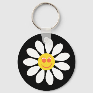 Cute Happy Face Girly White Daisy Flower on Black Sleutelhanger