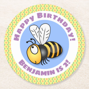 Cute happy fly bee yellow cartoon illustratie ronde kartonnen onderzetter