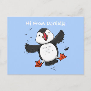 Cute happy fly puffin blue cartoon illustratie briefkaart