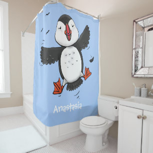 Cute happy fly puffin blue cartoon illustratie douchegordijn