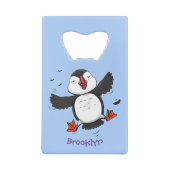 Cute happy fly puffin blue cartoon illustratie kredietkaart flessenopener (Achterkant)