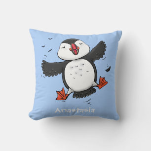 Cute happy fly puffin blue cartoon illustratie kussen