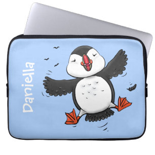 Cute happy fly puffin blue cartoon illustratie laptop sleeve