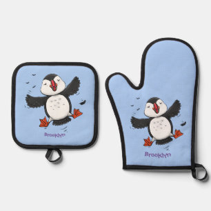 Cute happy fly puffin blue cartoon illustratie ovenwant & pannenlap set