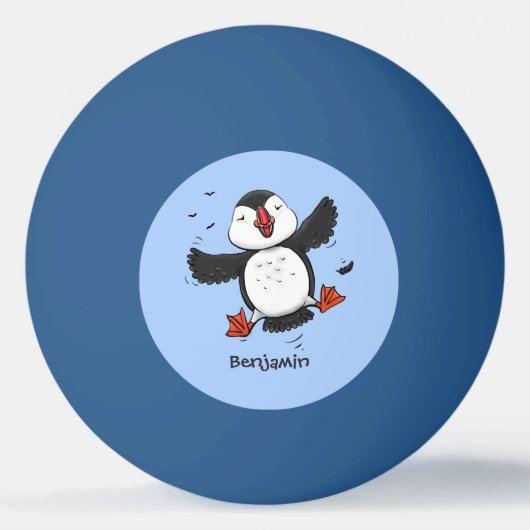 Cute happy fly puffin blue cartoon illustratie pingpongballen (Voorkant)