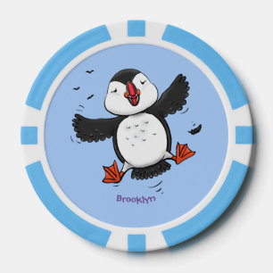 Cute happy fly puffin blue cartoon illustratie poker chips